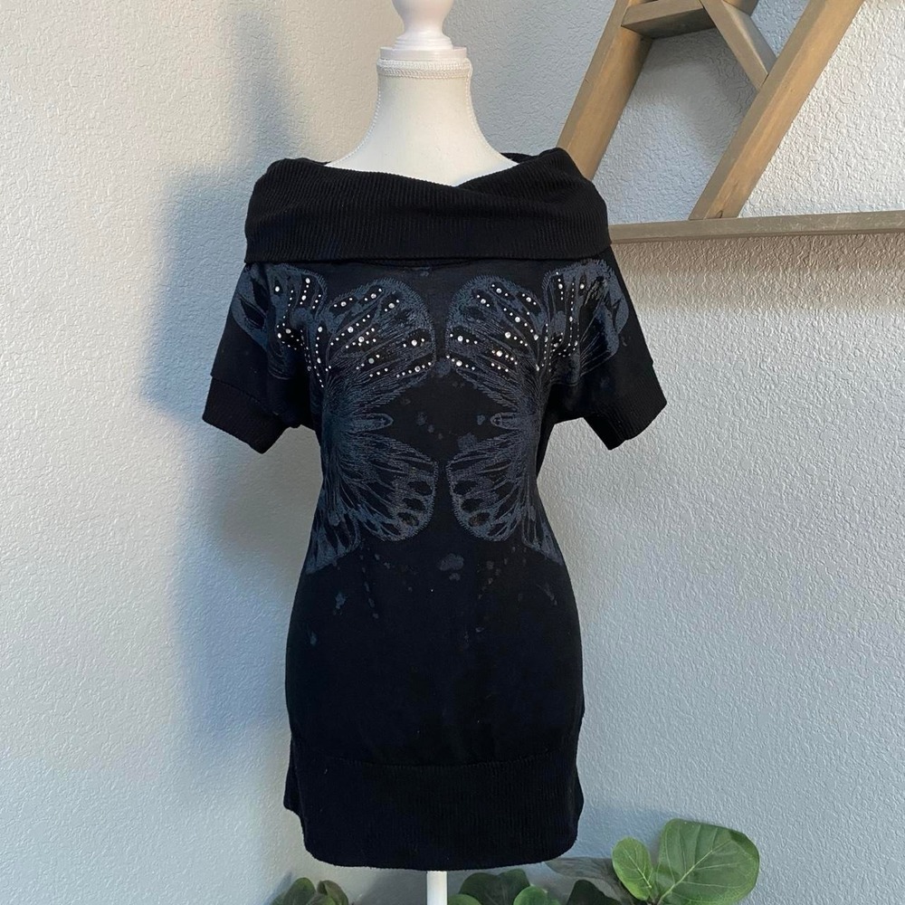 BLACK SHORT SLEEVE TOP BUTTERFLY MOTH GRAPHIC RHINESTONES SOFT GRUNGE DARK FAIRY